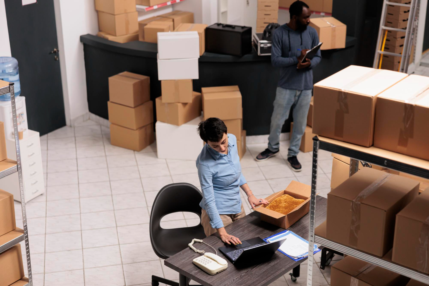 Person-working-at-desk-laptop-boxes-background-other-person-standing