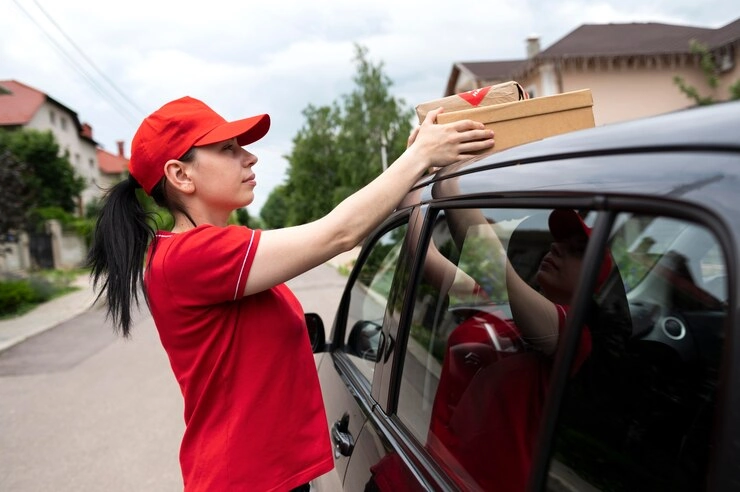 Delivery-person-loading-package-onto-car-roof