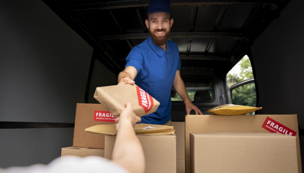Delivery-person-handing-over-fragile-package-from-van